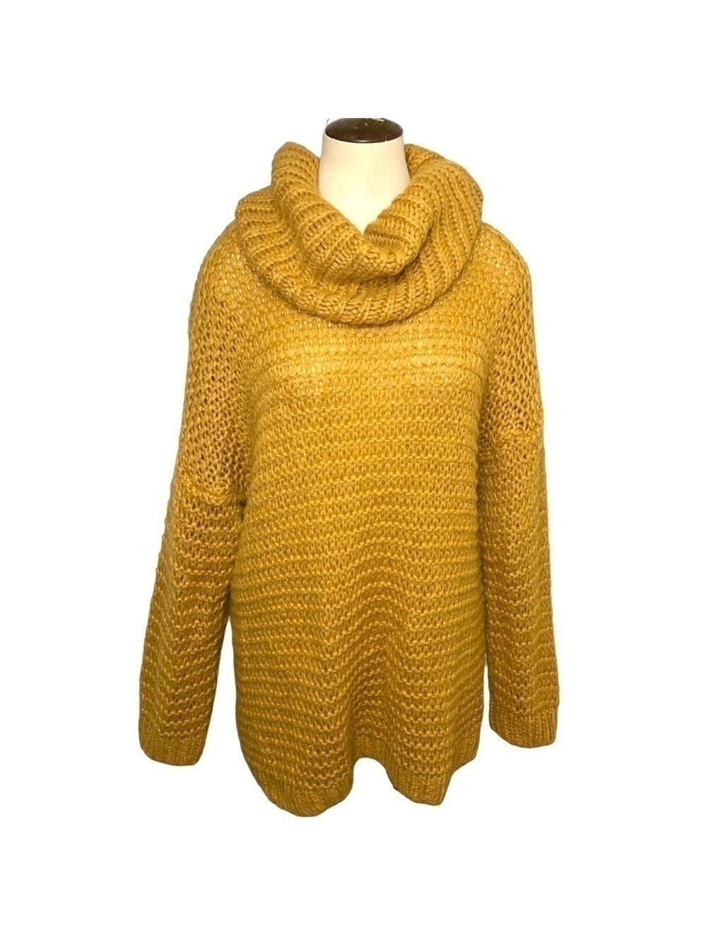 Made Italy Mustard Open Knit Sweater Mohair Blend Slouchy Turtle Neck Sz L/XL